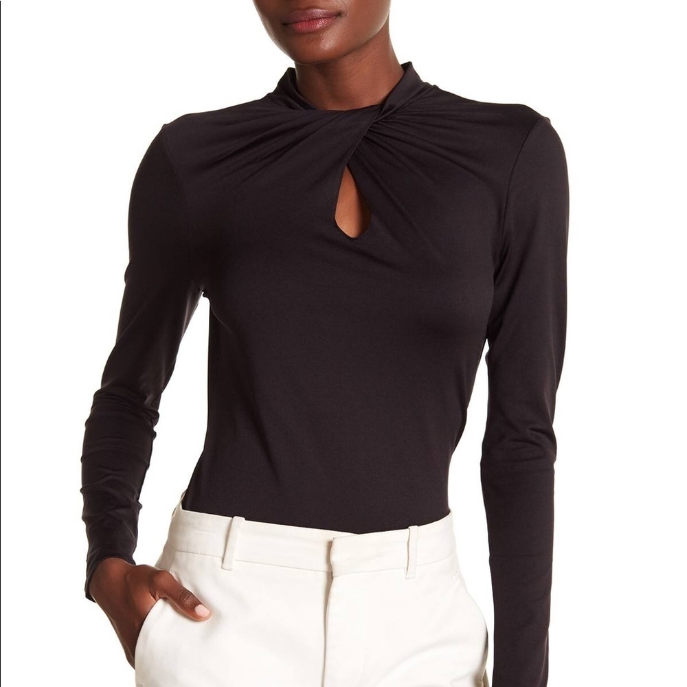 Tahari Black Keyhole Blouse Semi Sheer long Sleeve Size Small